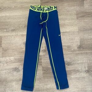 NIKE PRO HyperWarm Compression Tights Blue Neon Green Stitching Kids Size Large